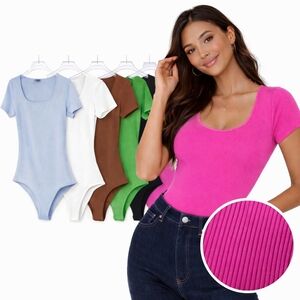 Women’s Short Sleeve Ribbed Bodysuit Thong Snap Close Crotch 95% Cotton Size S/M